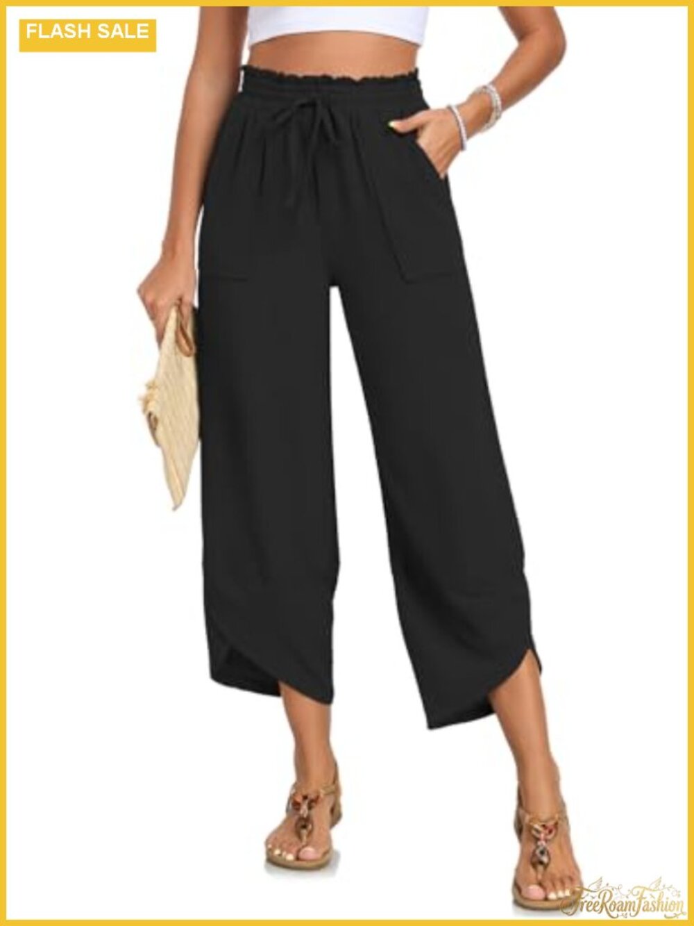 Women's High Waist Wide Leg Capri Pants with Pockets Casual Summer Beach